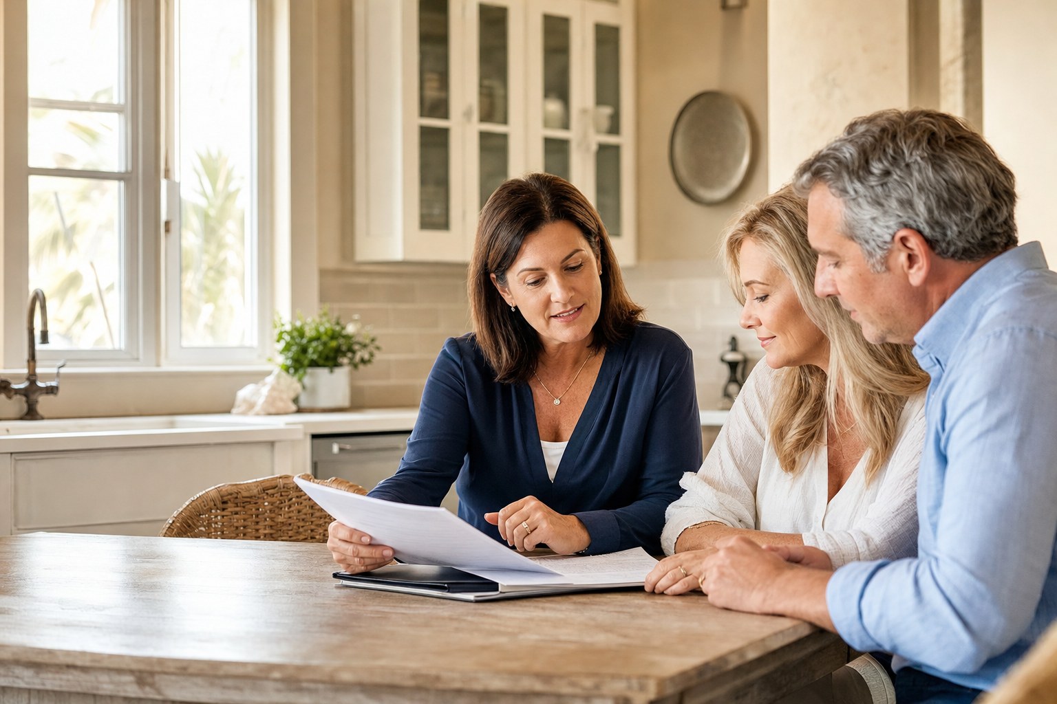 Insurance agent reviewing a policy with a homeowner at a kitchen table