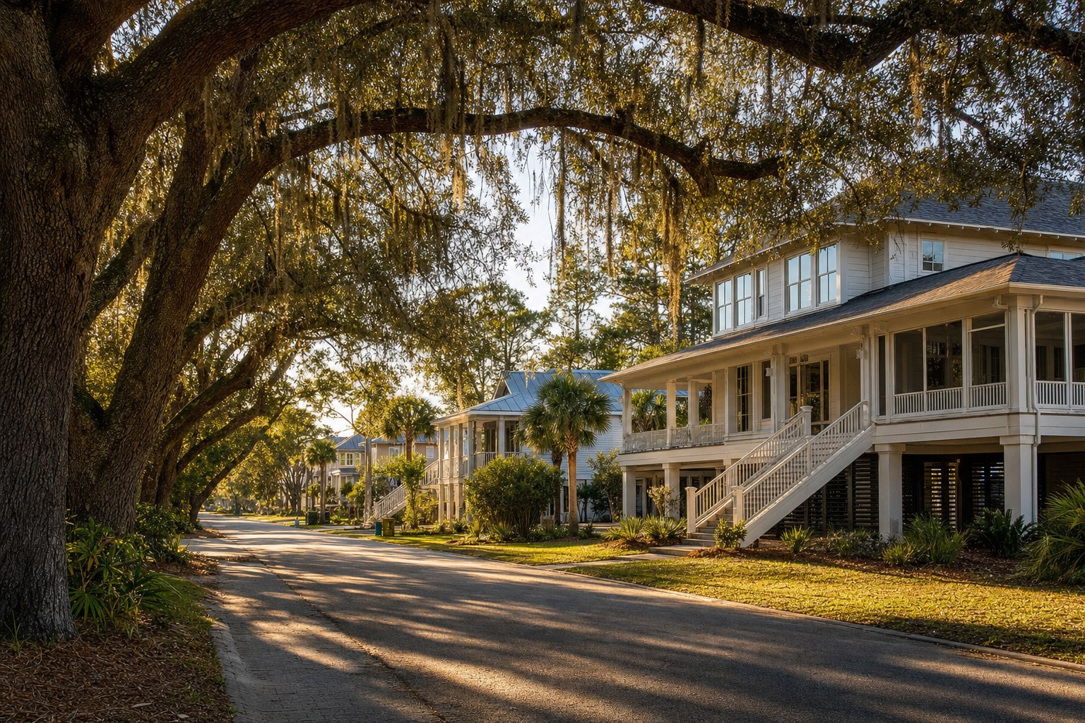 Rebuilt raised homes beneath live oaks in a Gulf Coast town